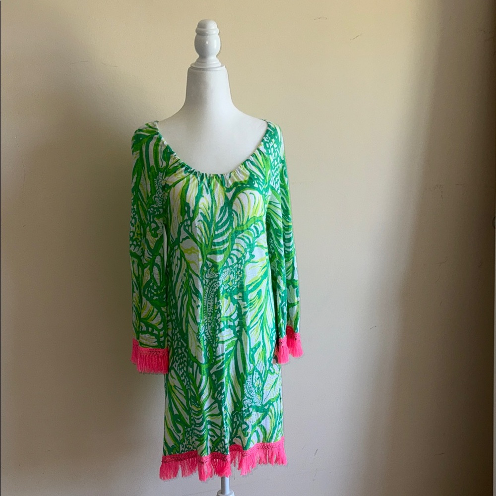 Lilly Pulitzer Tropical Leaf Dress with Pink Fringe